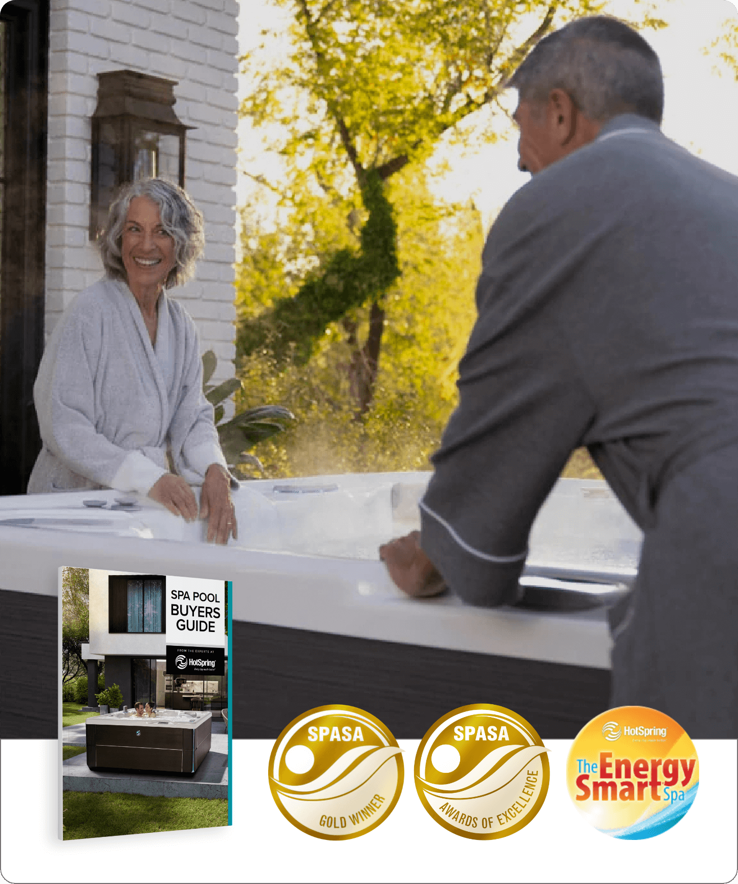 Smiling couple standing outside of a spa